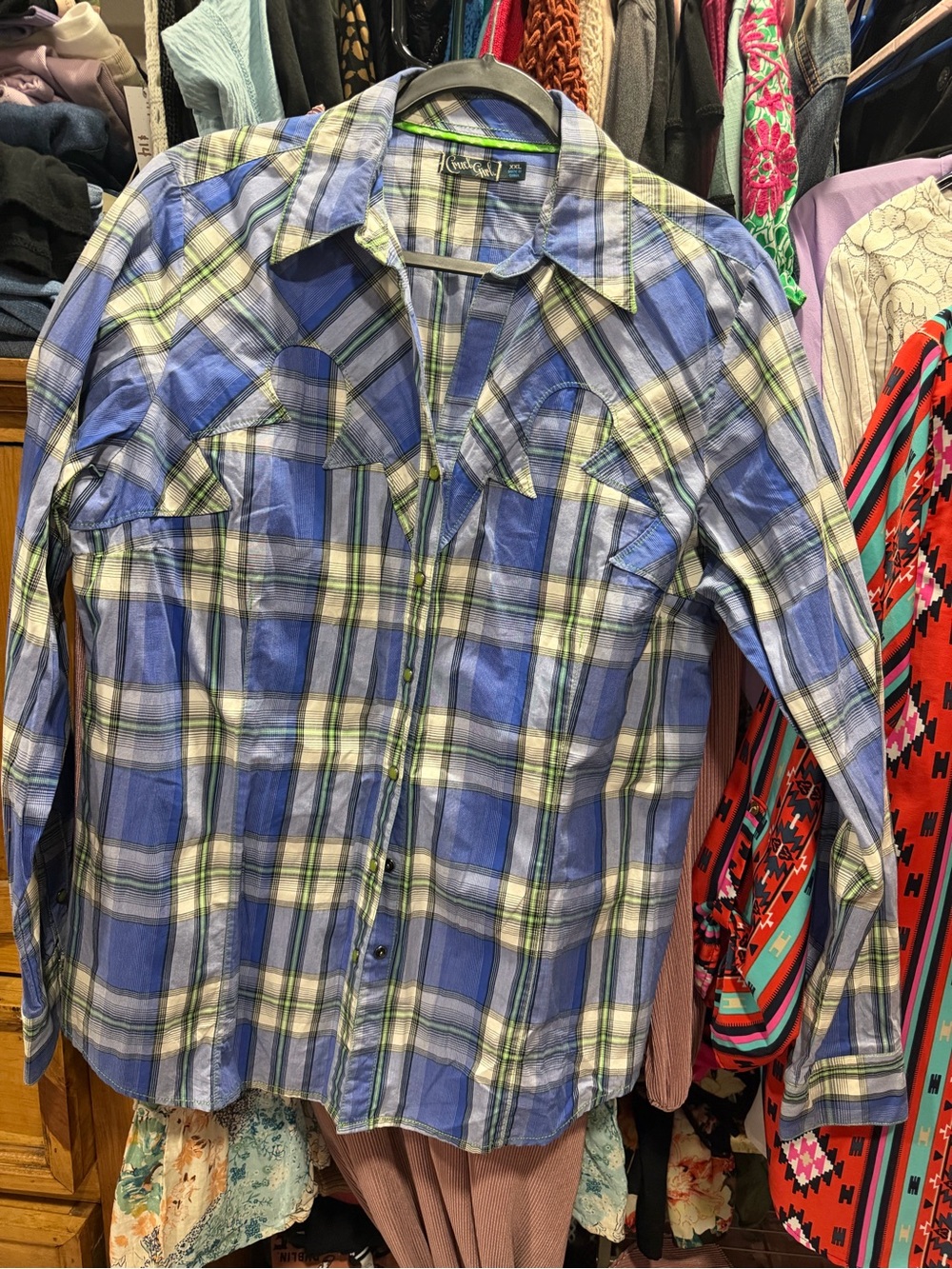 Cruel Girl Blue Plaid Button-Down Shirt with Green Accents
